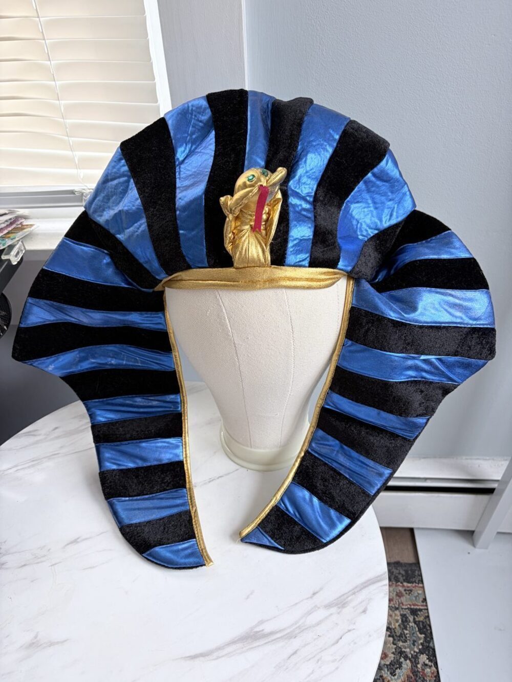 Egyptian Pharaoh Headdress Blue Black Striped Nemes Costume Hat with Gold Cobra
